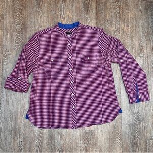 Talbots 100% Cotton Gingham Button Down Shirt | Size 16 Pink Navy | Band Collar